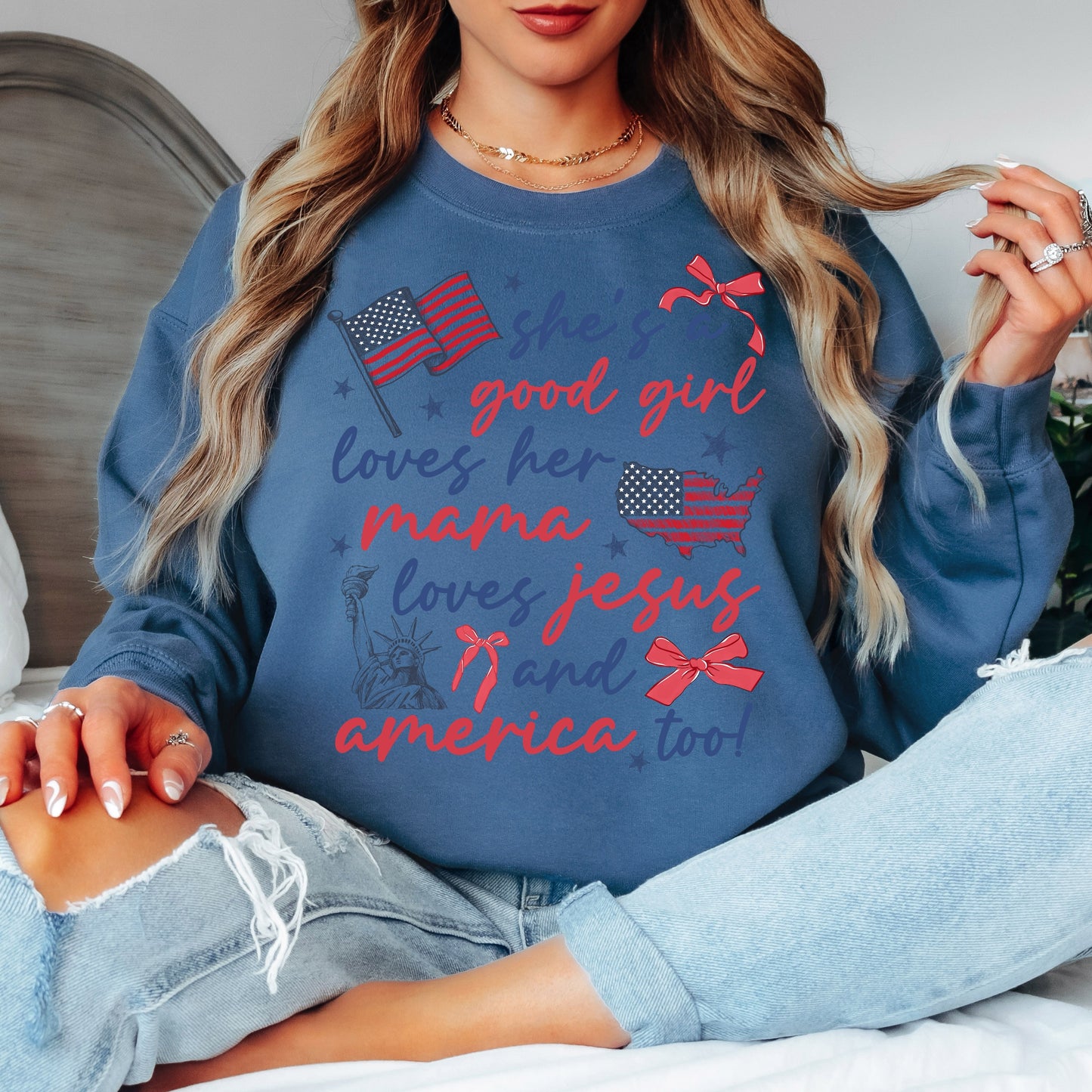 Loves her Mama, Jesus & America too Crewneck