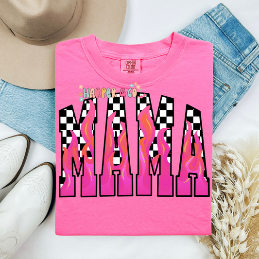checkered mama with pink flames